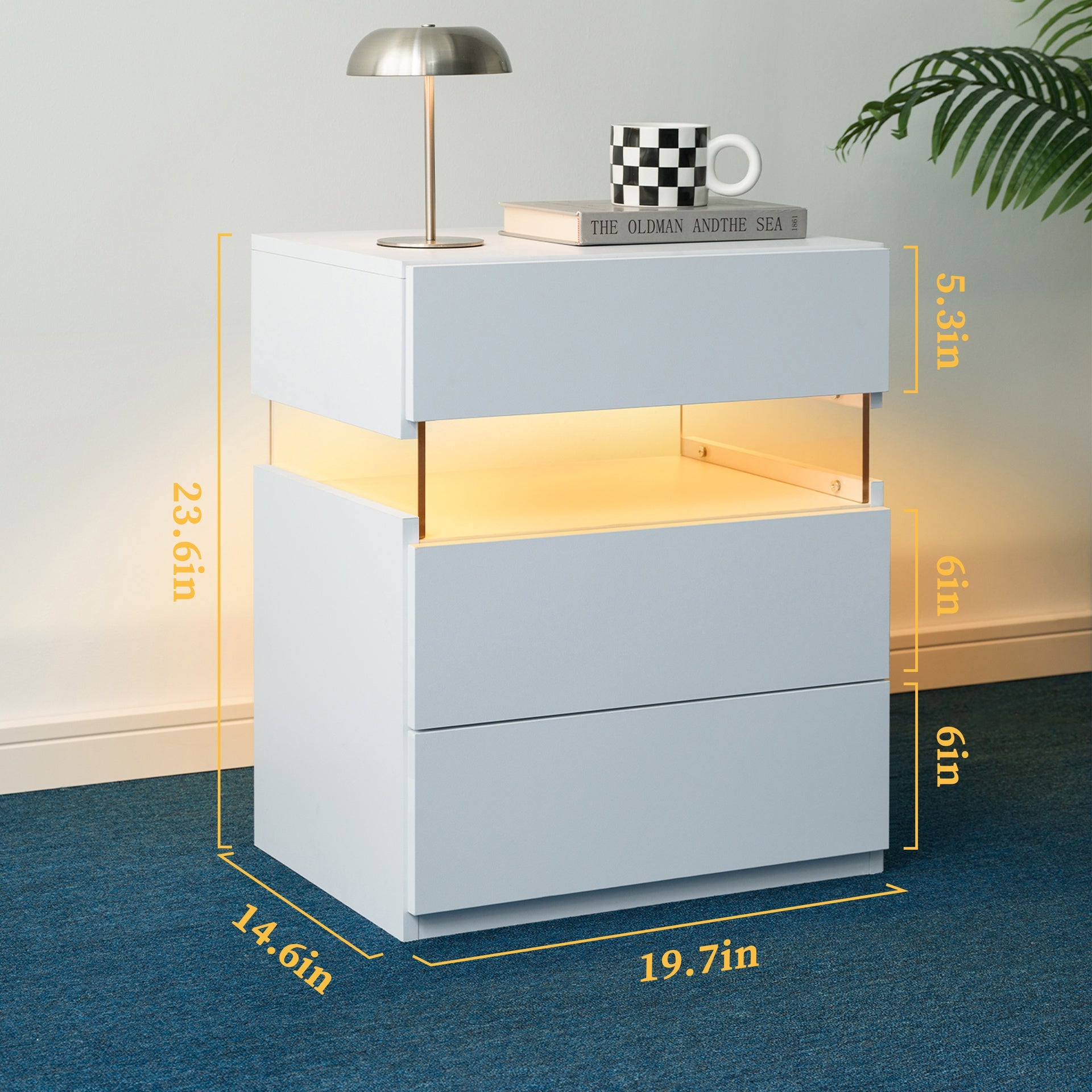 LED Nightstands 3 Drawer Dresser for Bedroom End Table with Acrylic Board LED Bedside Tables for Bedroom Living Room Bedside Furniture (White)