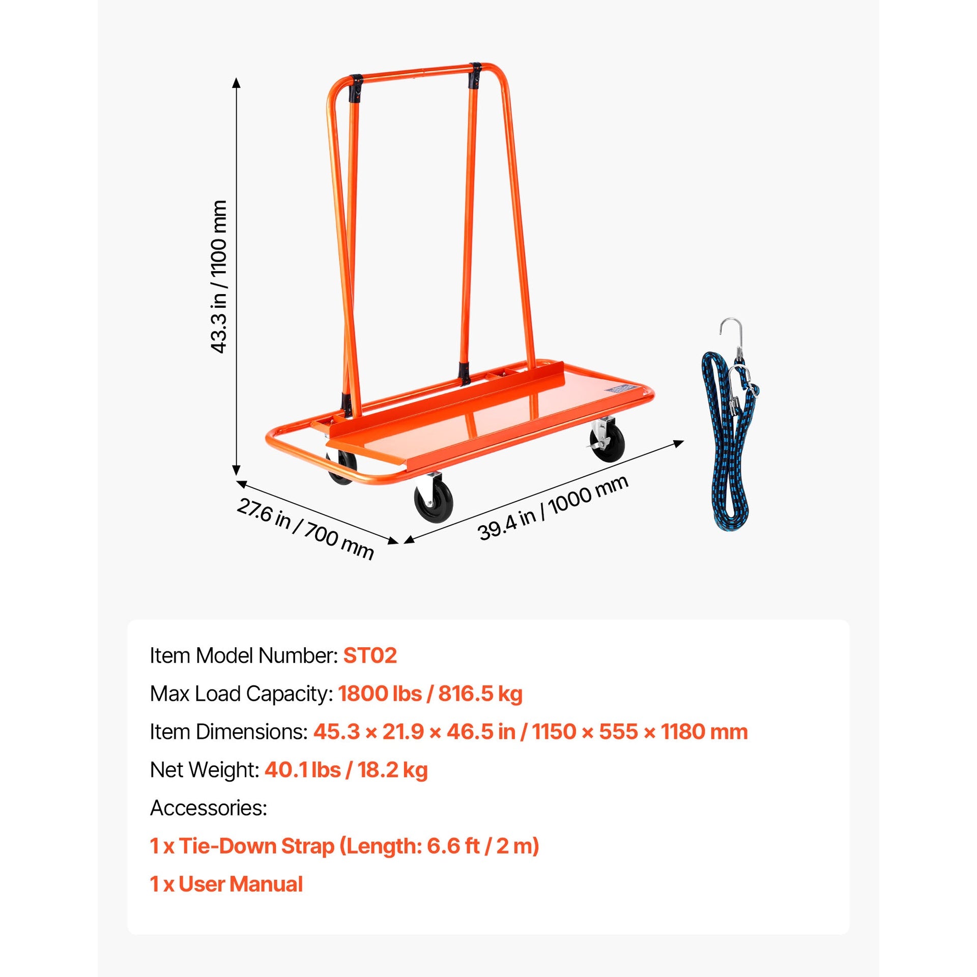 Drywall Cart Dolly, 1800 lbs Load Capacity, Steel Panel Dolly with 4 Swivel Casters, Durable & Long-lasting, Panel Truck Cart with Tie-Down Strap for Plywood, Plasterboard, Glass, Orange