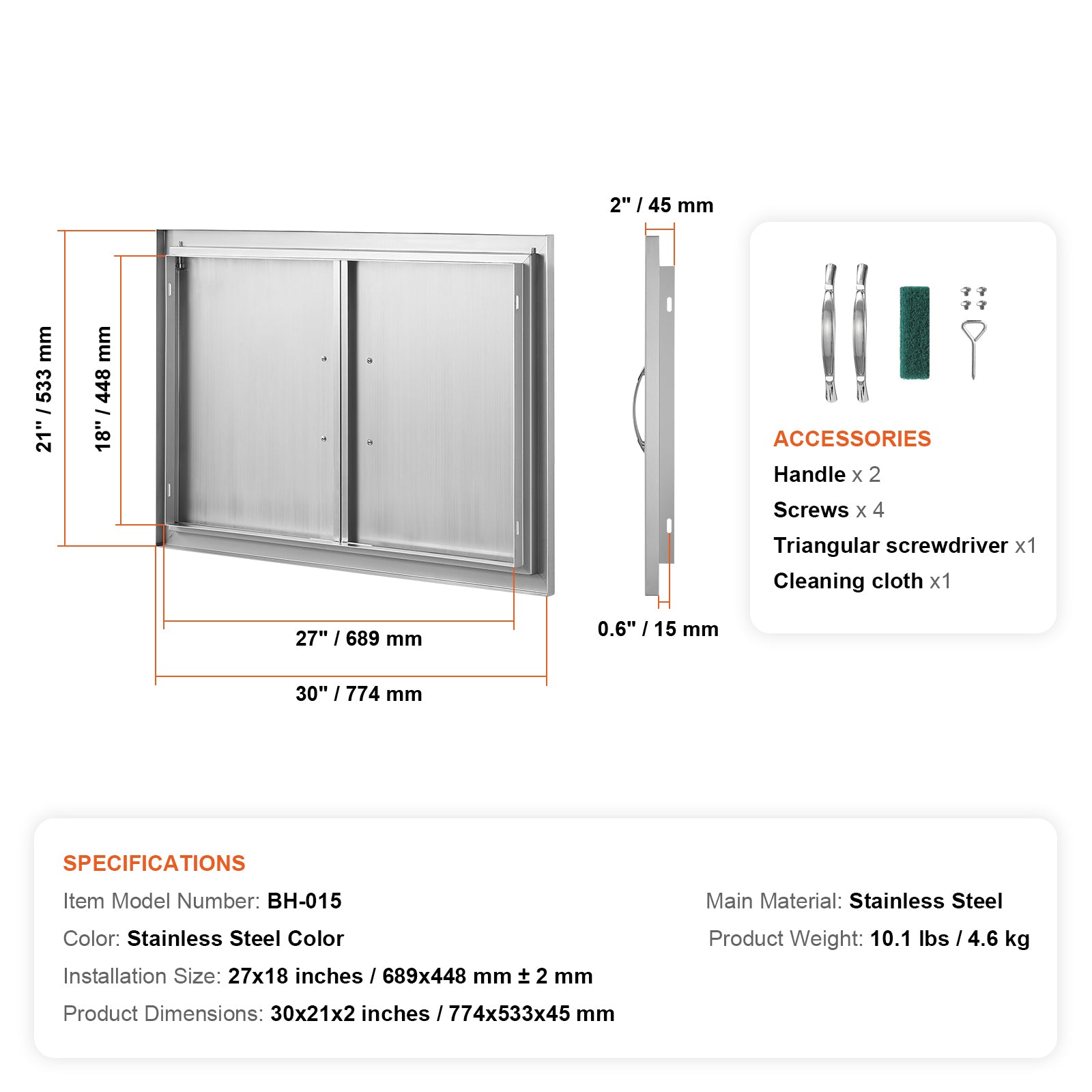 BBQ Access Door, 30W x 21H Inch Double Outdoor Kitchen Door, Stainless Steel Flush Mount Door, Wall Vertical Door with Handles, for BBQ Island, Grilling Station, Outside Cabinet