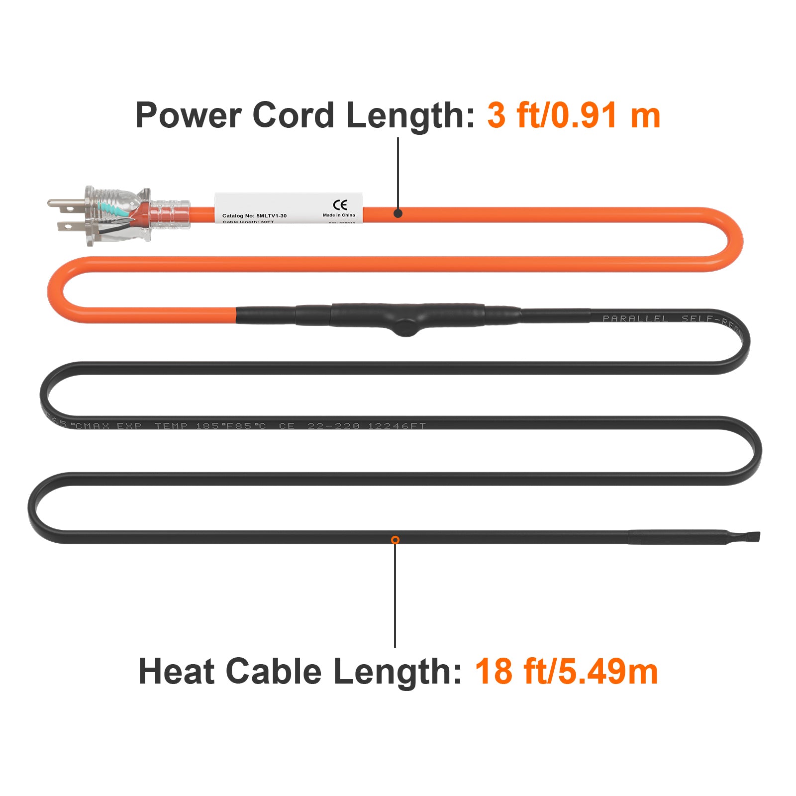 Self-Regulating Pipe Heating Cable, 18-feet 5W/ft Heat Tape for Pipes Freeze Protection, Protects PVC Hose, Metal and Plastic Pipe from Freezing, 120V