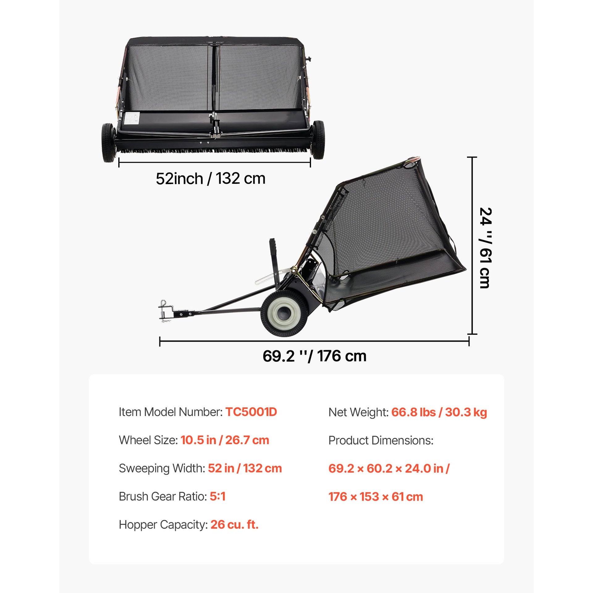 52 in Tow Behind Lawn Sweeper, 26 cu.ft. Large Yard Sweeper, Adjustable Sweeping Height, Heavy Duty Leaf & Grass Collector with Dumping Rope, Pull Behind Sweepers for Debris Grass Clippings