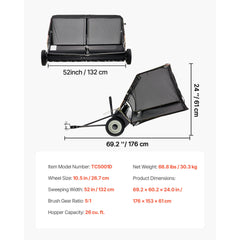 52 in Tow Behind Lawn Sweeper, 26 cu.ft. Large Yard Sweeper, Adjustable Sweeping Height, Heavy Duty Leaf & Grass Collector with Dumping Rope, Pull Behind Sweepers for Debris Grass Clippings