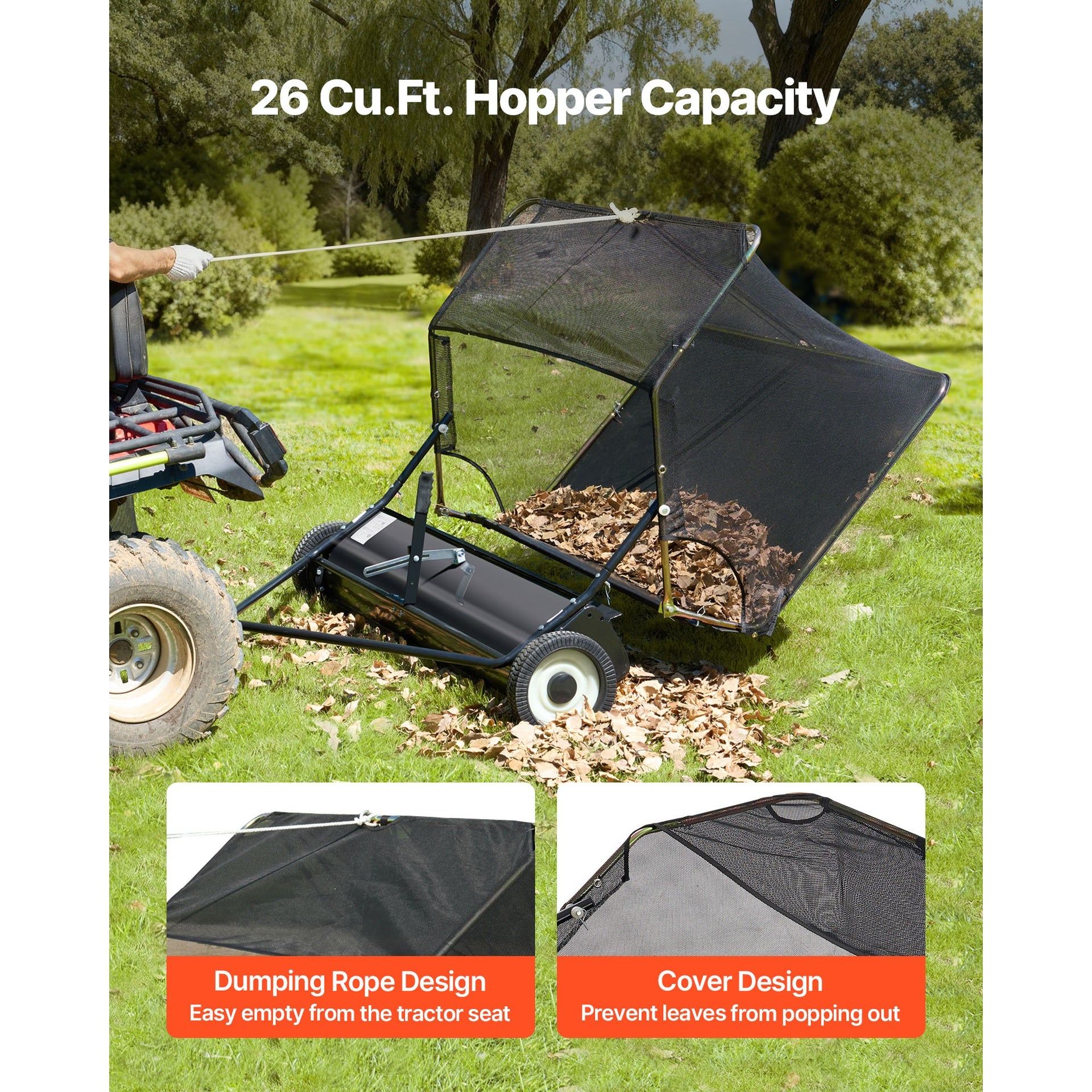 52 in Tow Behind Lawn Sweeper, 26 cu.ft. Large Yard Sweeper, Adjustable Sweeping Height, Heavy Duty Leaf & Grass Collector with Dumping Rope, Pull Behind Sweepers for Debris Grass Clippings
