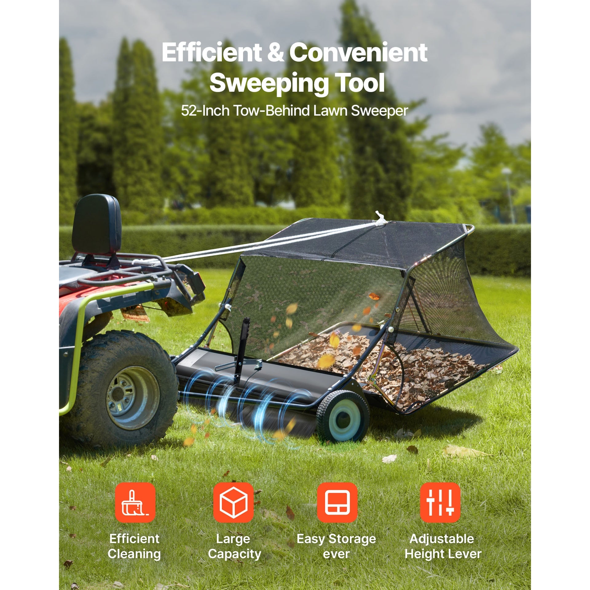 52 in Tow Behind Lawn Sweeper, 26 cu.ft. Large Yard Sweeper, Adjustable Sweeping Height, Heavy Duty Leaf & Grass Collector with Dumping Rope, Pull Behind Sweepers for Debris Grass Clippings