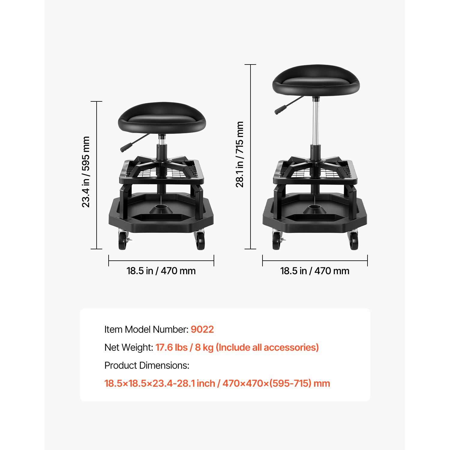 Rolling Shop Stool Adjustable Height Garage Seat 300 lbs Load with Caster