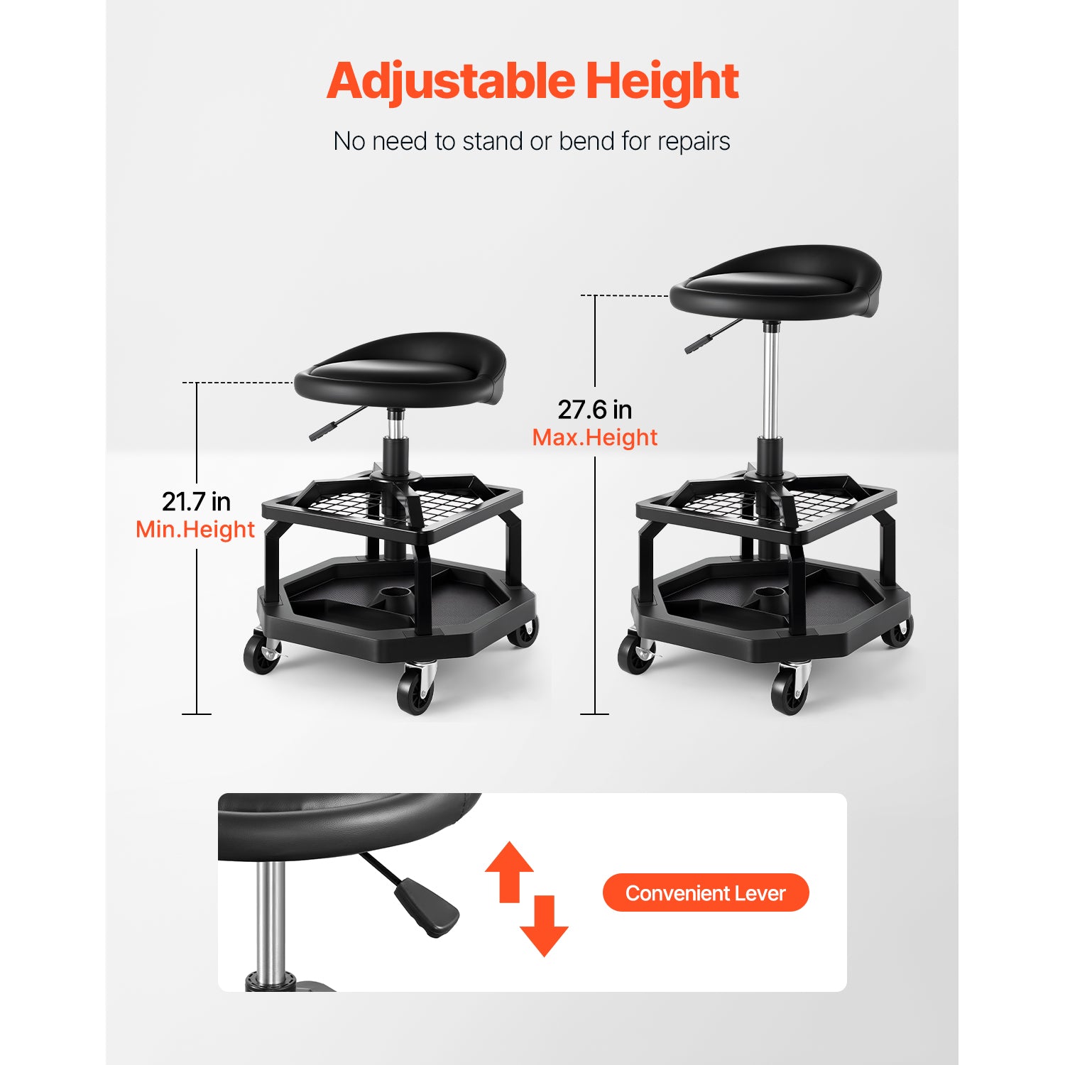 Rolling Shop Stool Adjustable Height Garage Seat 300 lbs Load with Caster