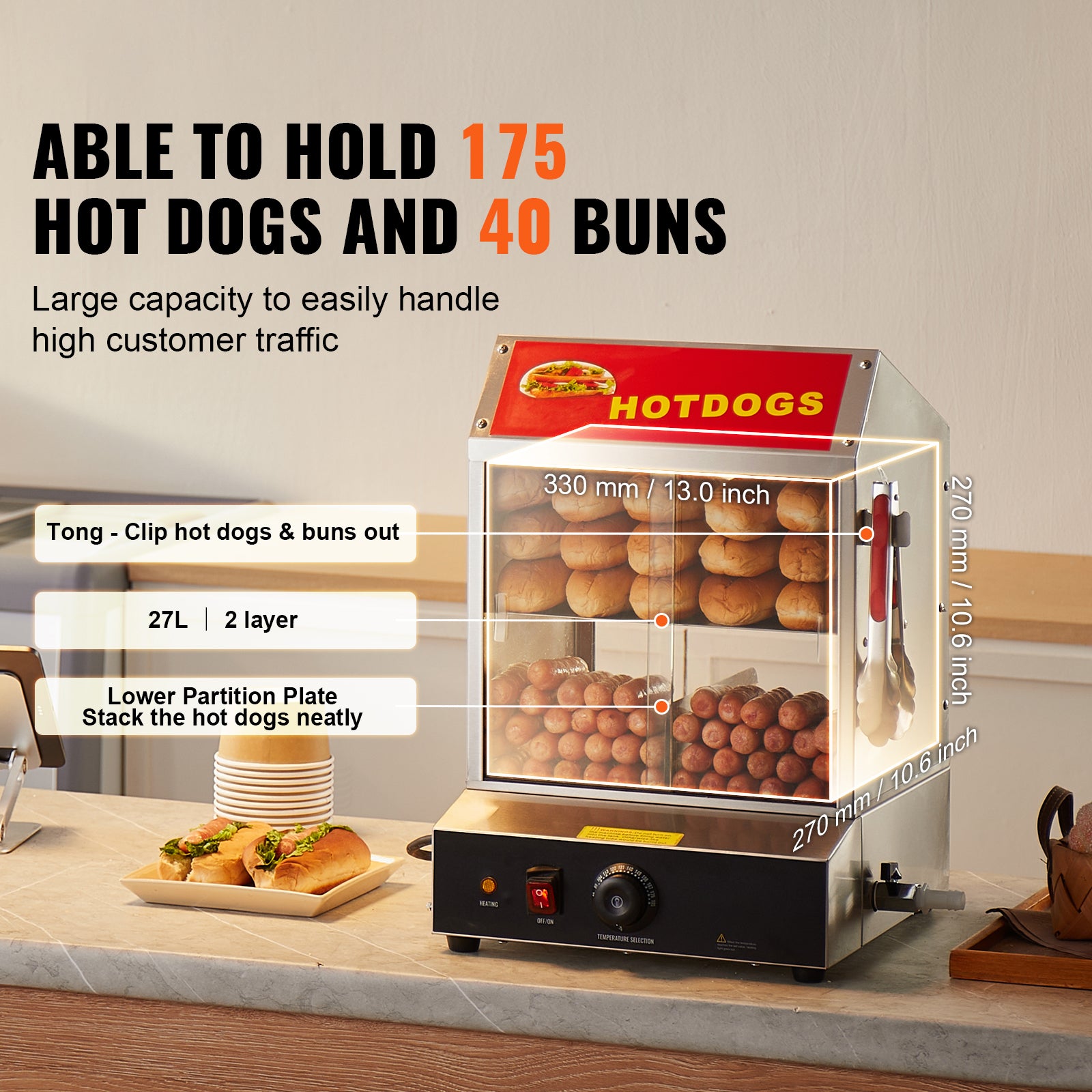 Commercial Hot Dog Steamer 2-Tier Electric Bun Warmer 28.5QT Slide Doors