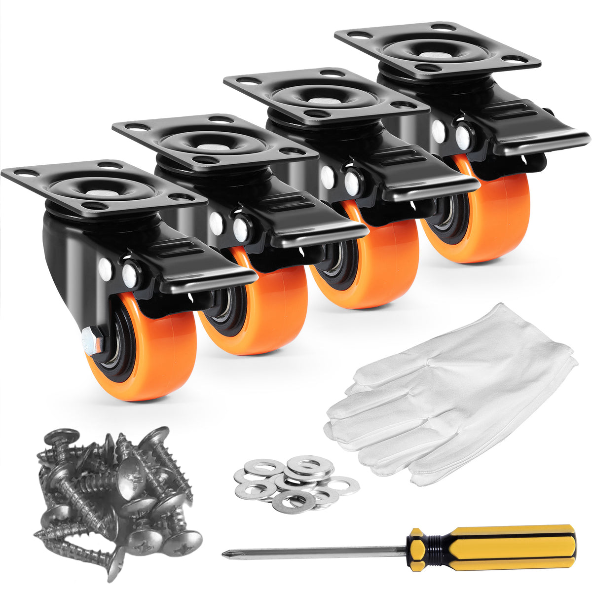 Caster Wheels, 2-inch Swivel Plate Casters, Set of 4, with Security Dual Locking No Noise PVC Wheels, Heavy Duty 150 lbs Load Capacity Per Caster, Non-Marking Wheels for Cart Furniture Workbench