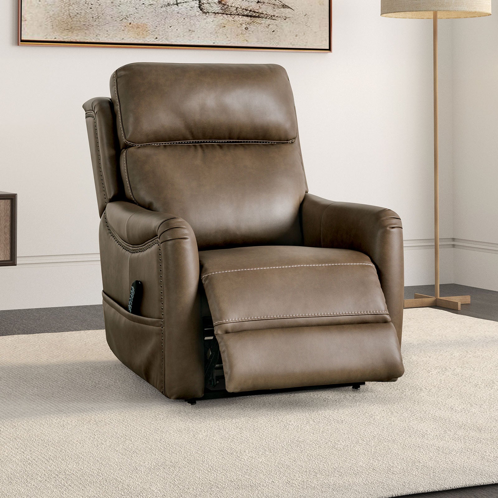 Transitional Style Lift Chair Steel Seat Box USB Port Wired Controller Dual Lift Motor Mechanism Brown Finish Primary Living Room