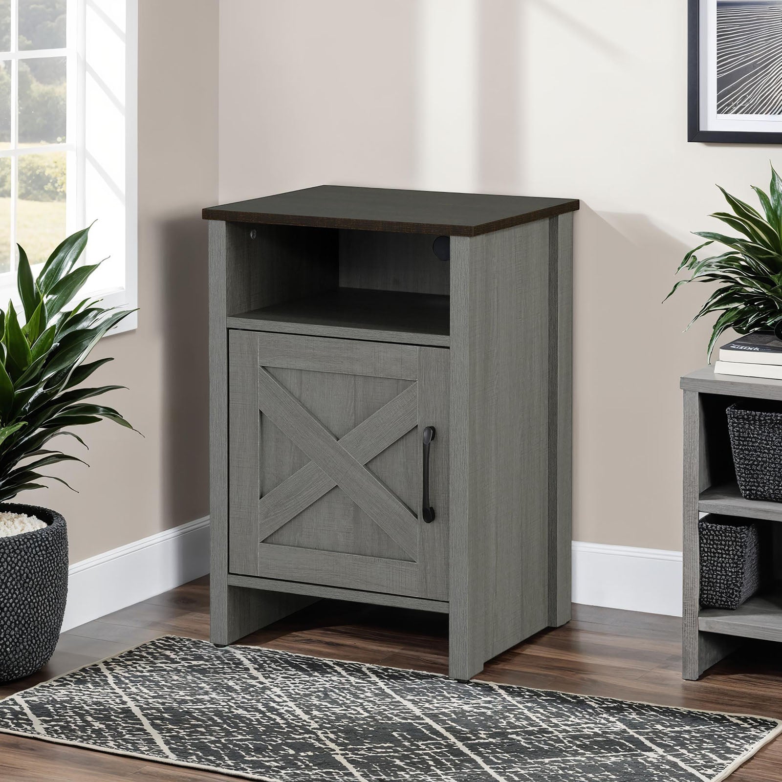 Rustic Farmhouse Style 1pc Side Table Metal Handle X-Cross On Drawer Two Tone Design Brown And Gray Finish