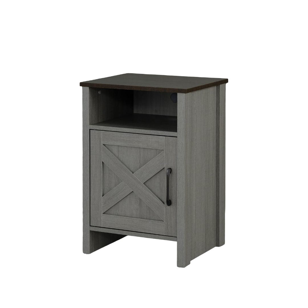 Rustic Farmhouse Style 1pc Side Table Metal Handle X-Cross On Drawer Two Tone Design Brown And Gray Finish