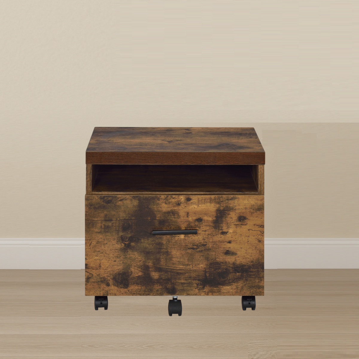 Industrial Style 1pc File Cabinet with Drawer and Shelf Caster Wheels Wooden Weathered Oak Finish, File Storing Unit Home Office Furniture