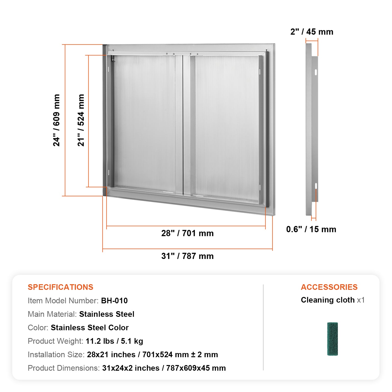 BBQ Access Door, 31W x 24H Inch Double Outdoor Kitchen Door, Stainless Steel Flush Mount Door, Wall Vertical Door with Recessed Handles , for BBQ Island, Grilling Station, Outside Cabinet