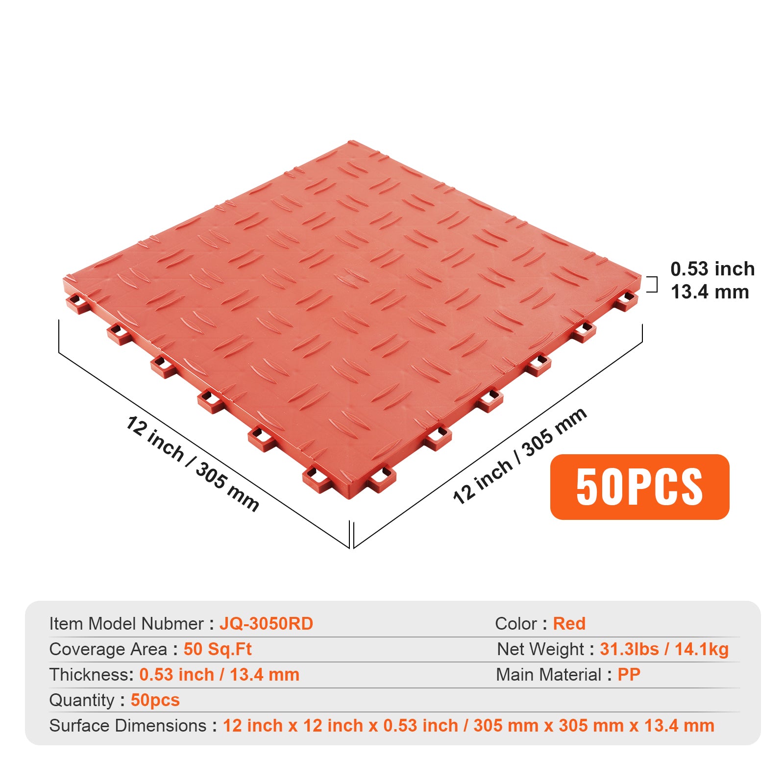 Garage Tiles Interlocking, 12 x 12 x 0.53 inch 50 Pack Garage Floor Covering Tiles, Non-Slip Double-Sided Texture Garage Flooring Tiles, for Garages, Basements, Repair Shops, Red