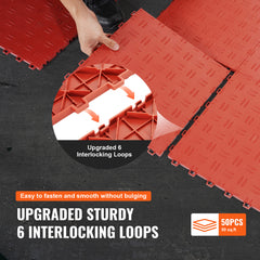 Garage Tiles Interlocking, 12 x 12 x 0.53 inch 50 Pack Garage Floor Covering Tiles, Non-Slip Double-Sided Texture Garage Flooring Tiles, for Garages, Basements, Repair Shops, Red
