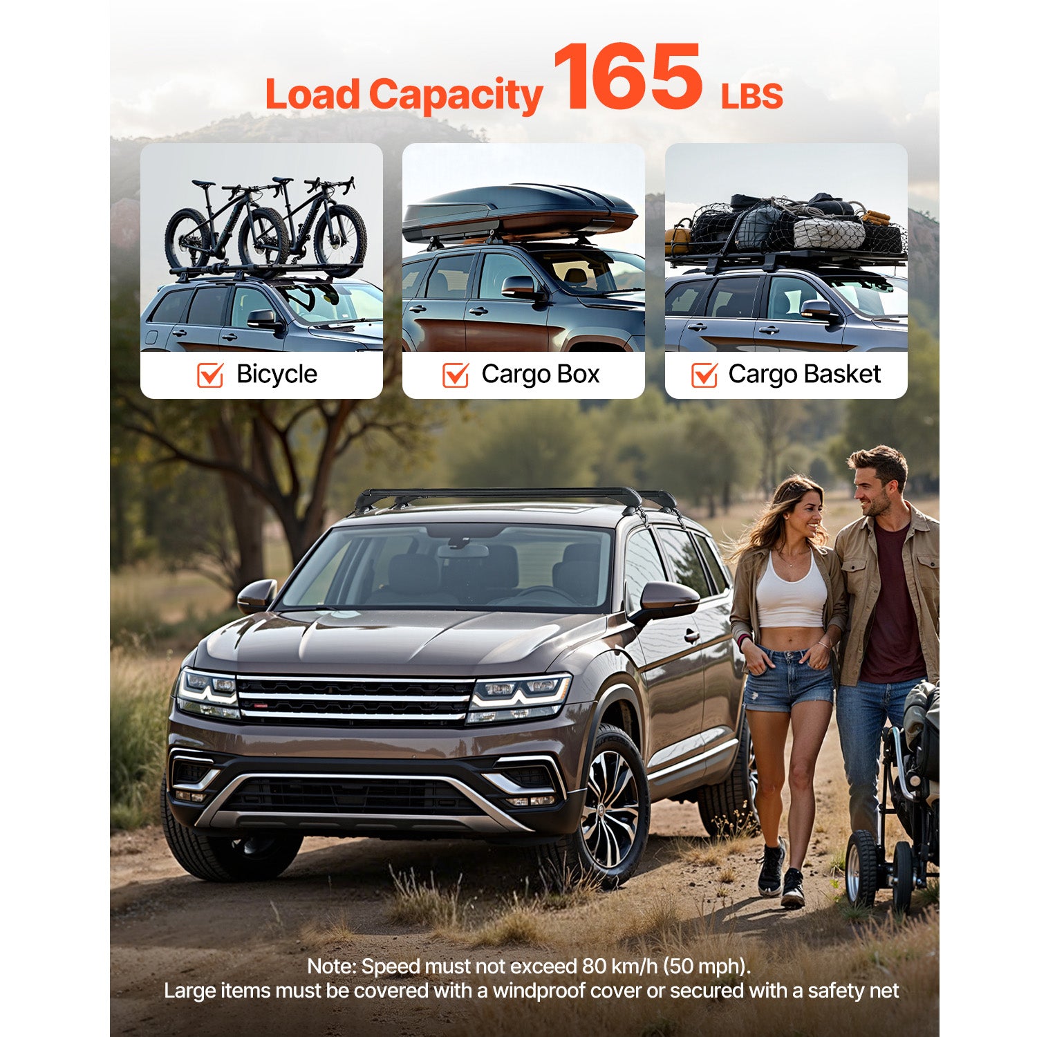 Lockable Roof Rack Cross Bars 165 LBS Capacity Universal Fit for Naked Roofs