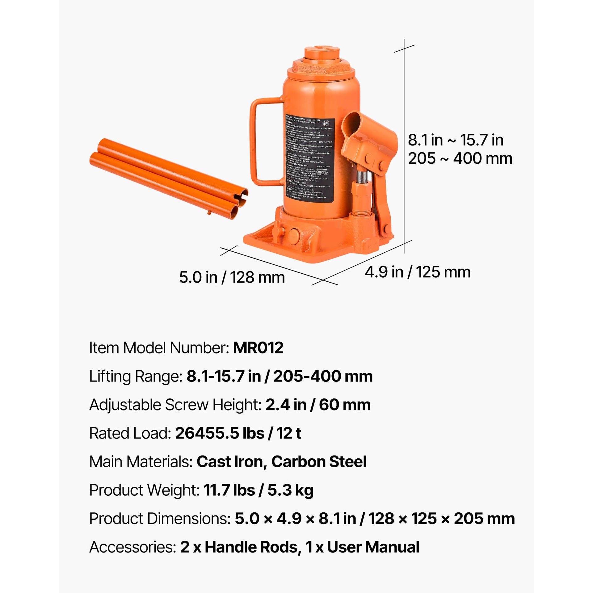 Hydraulic Bottle Jack, 12 Ton (26455.5 lbs) Capacity, 8.1-15.7 Inch Lifting Range, Heavy Duty Welded Bottle Jack for Car, SUV, Pickup, Auto Repair, House Lift and Agricultural Equipment, Orange