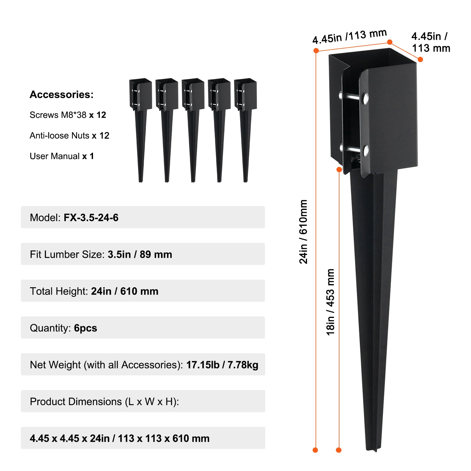 Fence Post Anchor Ground Spike, 6 Pack 24 x 4 x 4 Inches Outer Diameter (Inner Diameter 3.5 x3.5 Inches), Metal Black Powder Coated Post Stake Ground, for Mailbox Deck Garden Railing