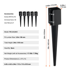 Fence Post Anchor Ground Spike, 6 Pack 24 x 4 x 4 Inches Outer Diameter (Inner Diameter 3.5 x3.5 Inches), Metal Black Powder Coated Post Stake Ground, for Mailbox Deck Garden Railing