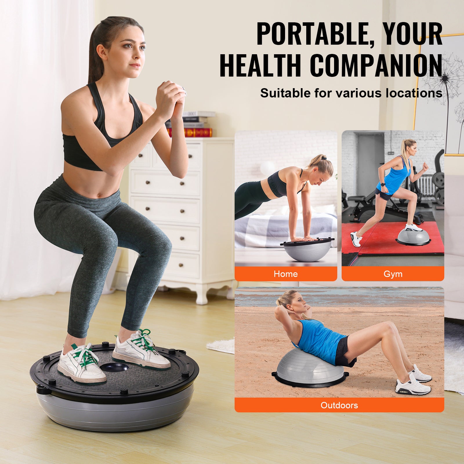 Half Exercise Ball Trainer, 23 inch Balance Ball Trainer, 660lbs Capacity Stability Ball, Yoga Ball with Resistance Bands & Foot Pump, Strength Fitness Ball for Home Gym, Full Body Workout, Gray