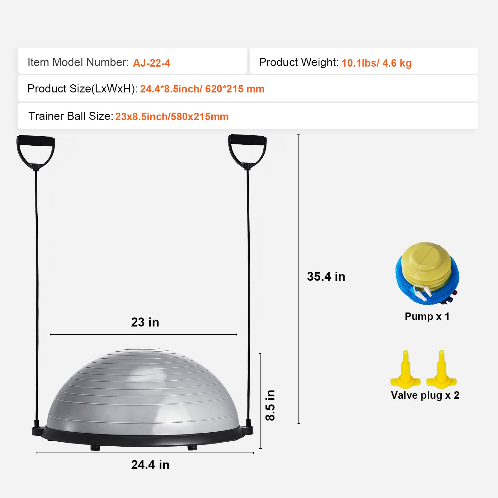 Half Exercise Ball Trainer, 23 inch Balance Ball Trainer, 660lbs Capacity Stability Ball, Yoga Ball with Resistance Bands & Foot Pump, Strength Fitness Ball for Home Gym, Full Body Workout, Gray