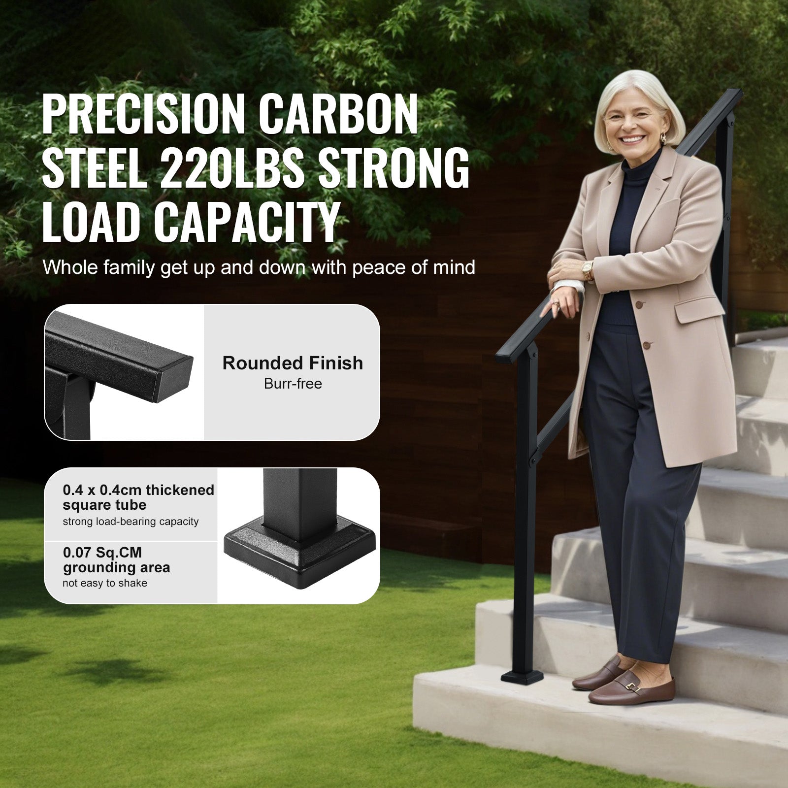 Outdoor Handrails for 4-5 Step Stairs Black Square Tube Easy Install for Senior