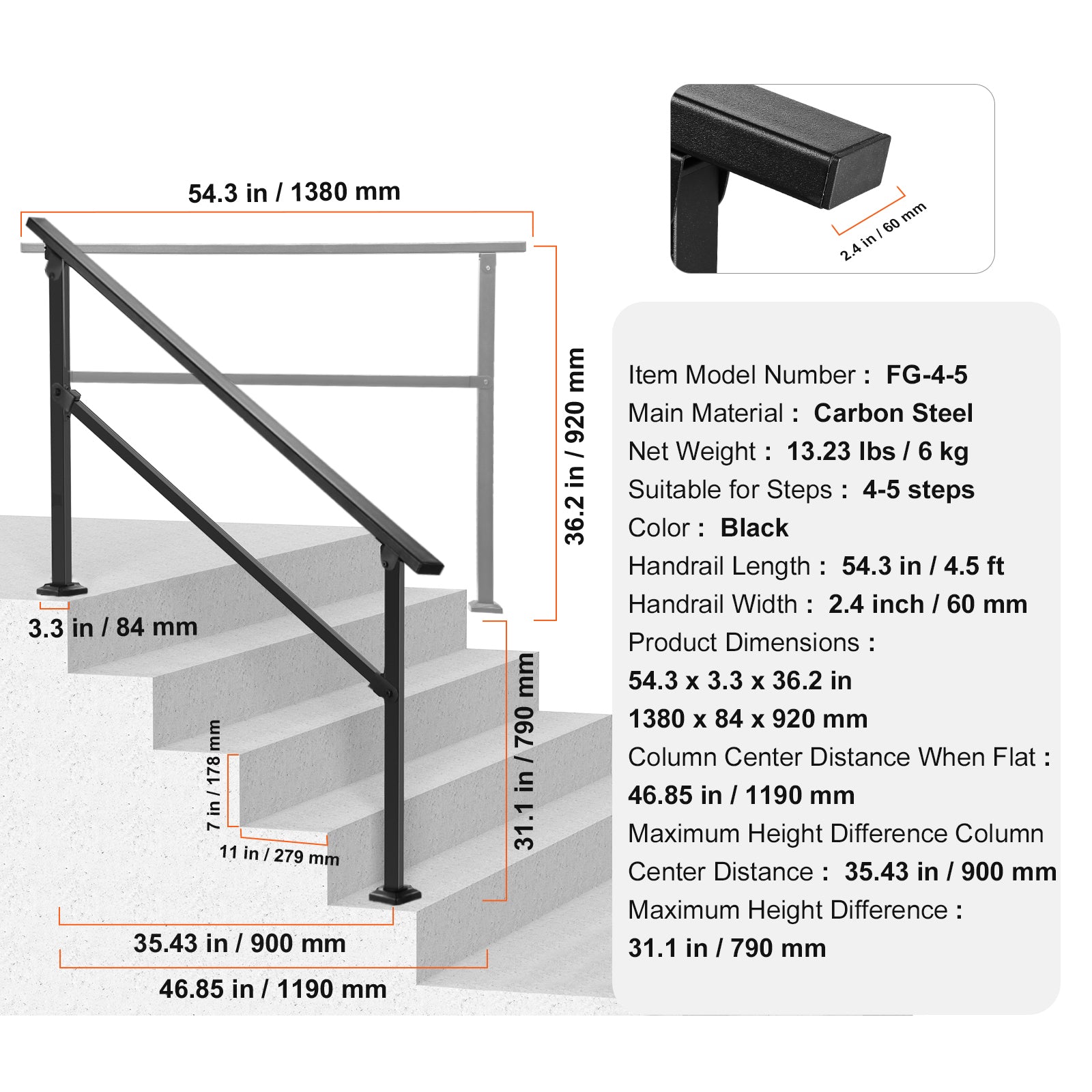 Outdoor Handrails for 4-5 Step Stairs Black Square Tube Easy Install for Senior