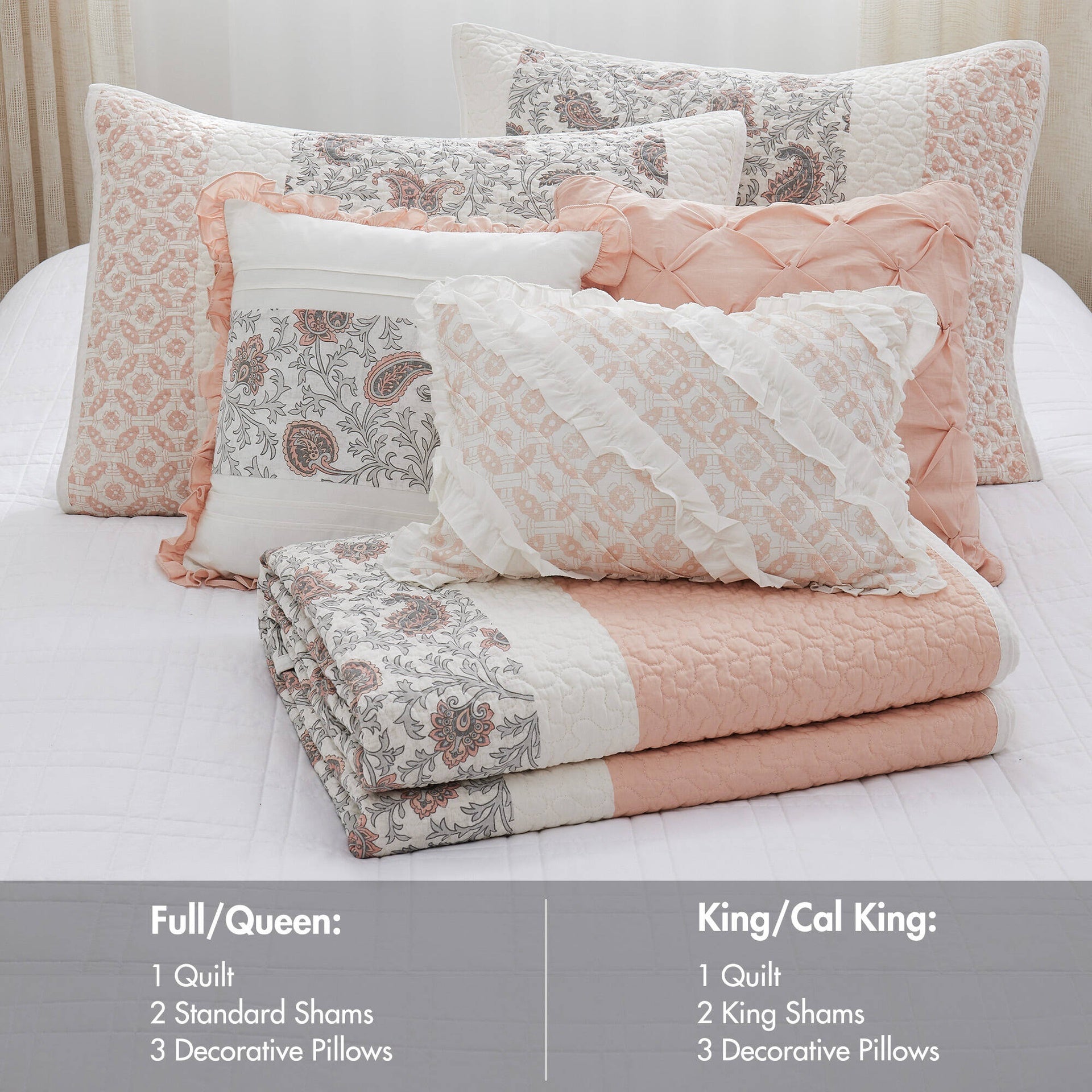 6 Piece Cotton Percale Quilt Set with Throw Pillows Blush King/Cal King
