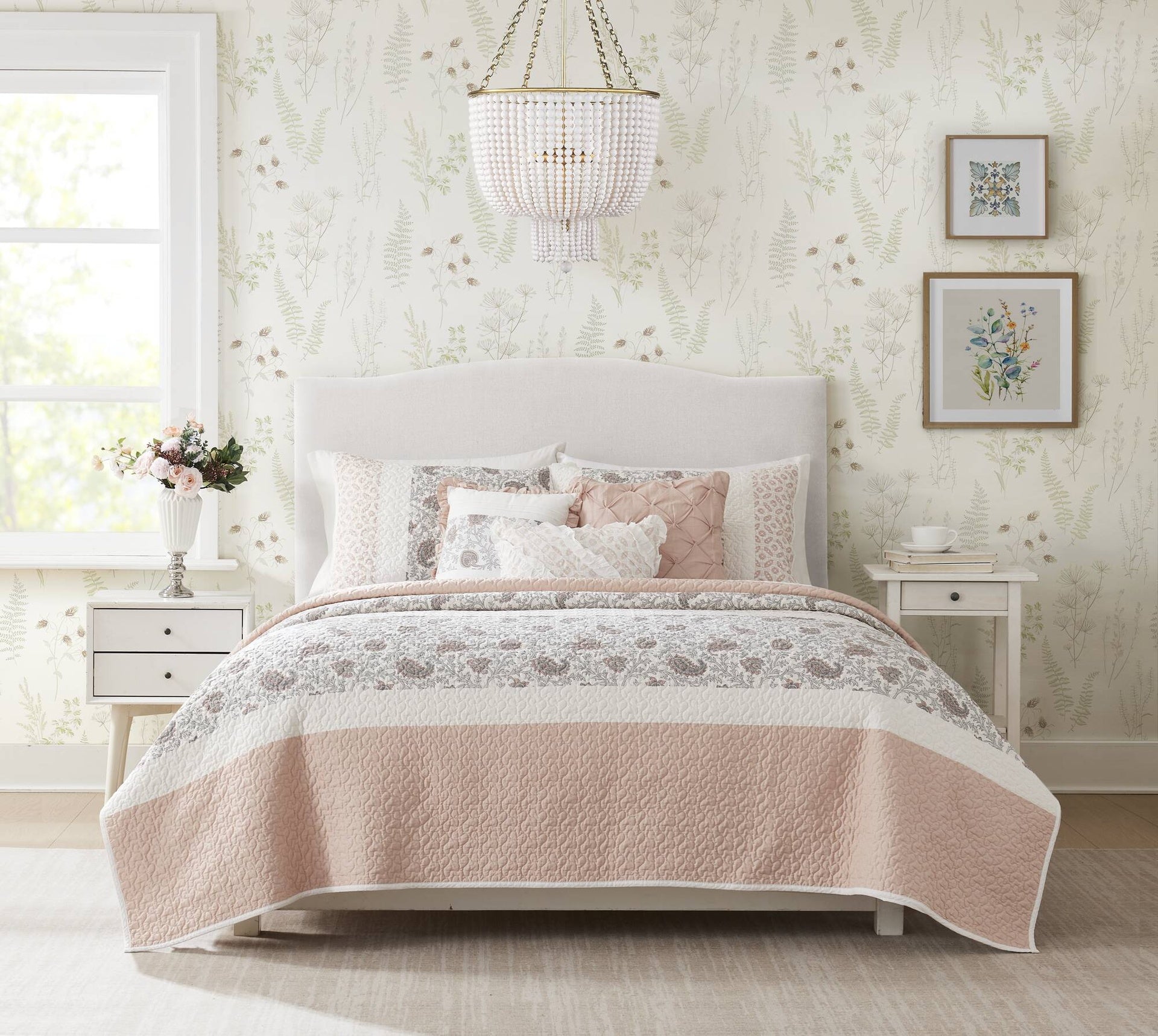 6 Piece Cotton Percale Quilt Set with Throw Pillows Blush King/Cal King