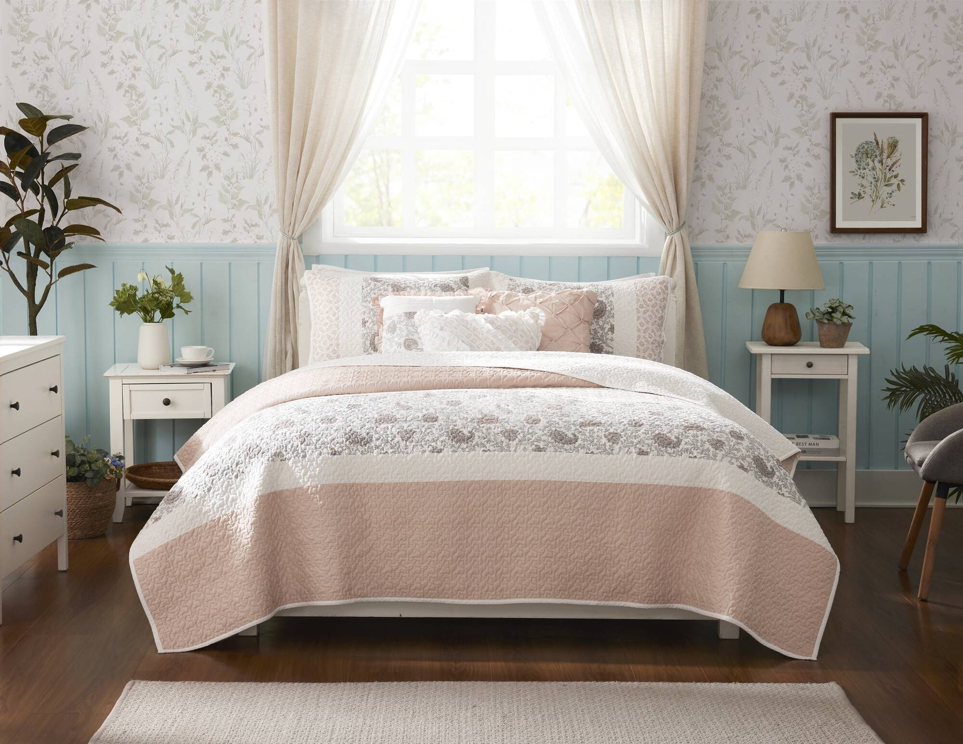 6 Piece Cotton Percale Quilt Set with Throw Pillows Blush King/Cal King