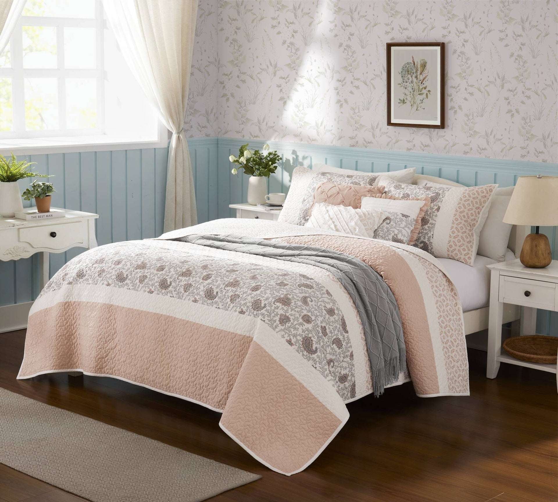 6 Piece Cotton Percale Quilt Set with Throw Pillows Blush King/Cal King
