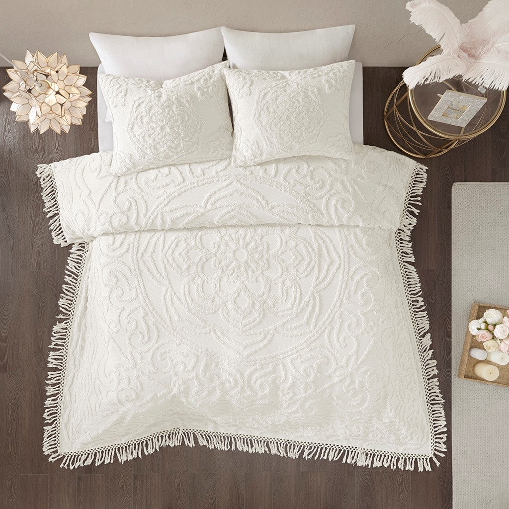 Tufted Cotton Chenille Medallion Fringe Coverlet Mini Set Off-White King/Cal King
