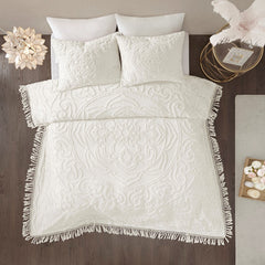 Tufted Cotton Chenille Medallion Fringe Coverlet Mini Set Off-White King/Cal King