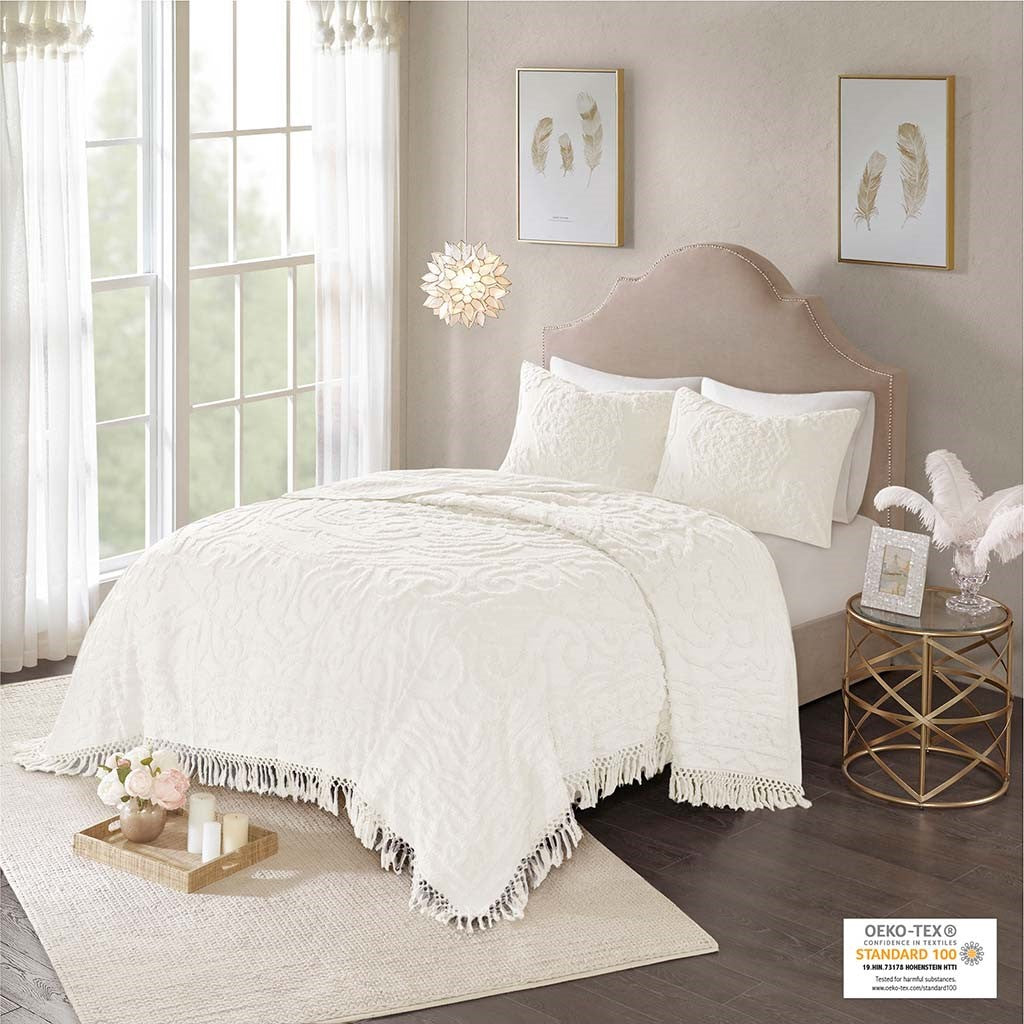 Tufted Cotton Chenille Medallion Fringe Coverlet Mini Set Off-White King/Cal King
