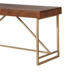 Modern Style Wooden Writing Desk with Unique Metal Legs, Walnut Brown and Gold