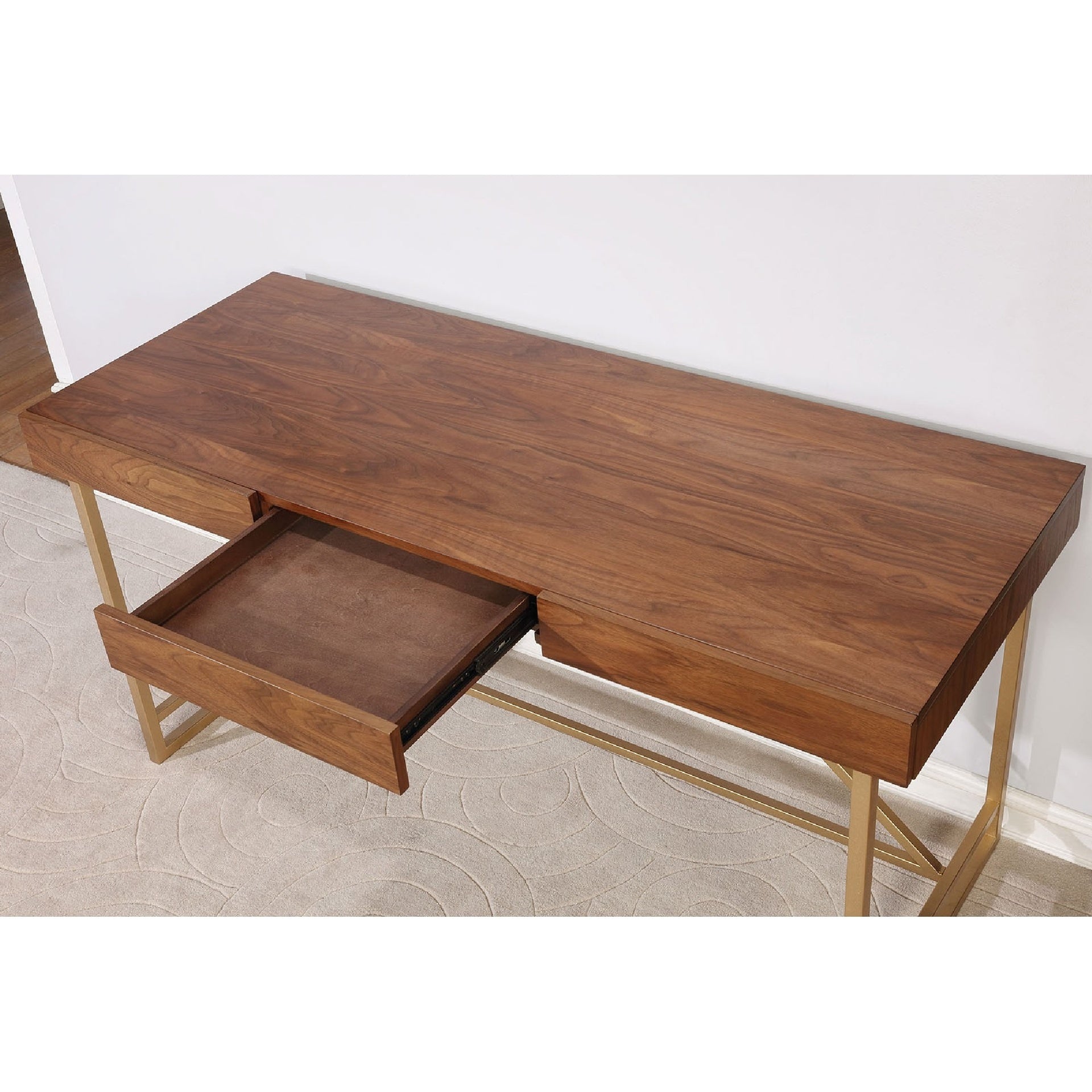 Modern Style Wooden Writing Desk with Unique Metal Legs, Walnut Brown and Gold