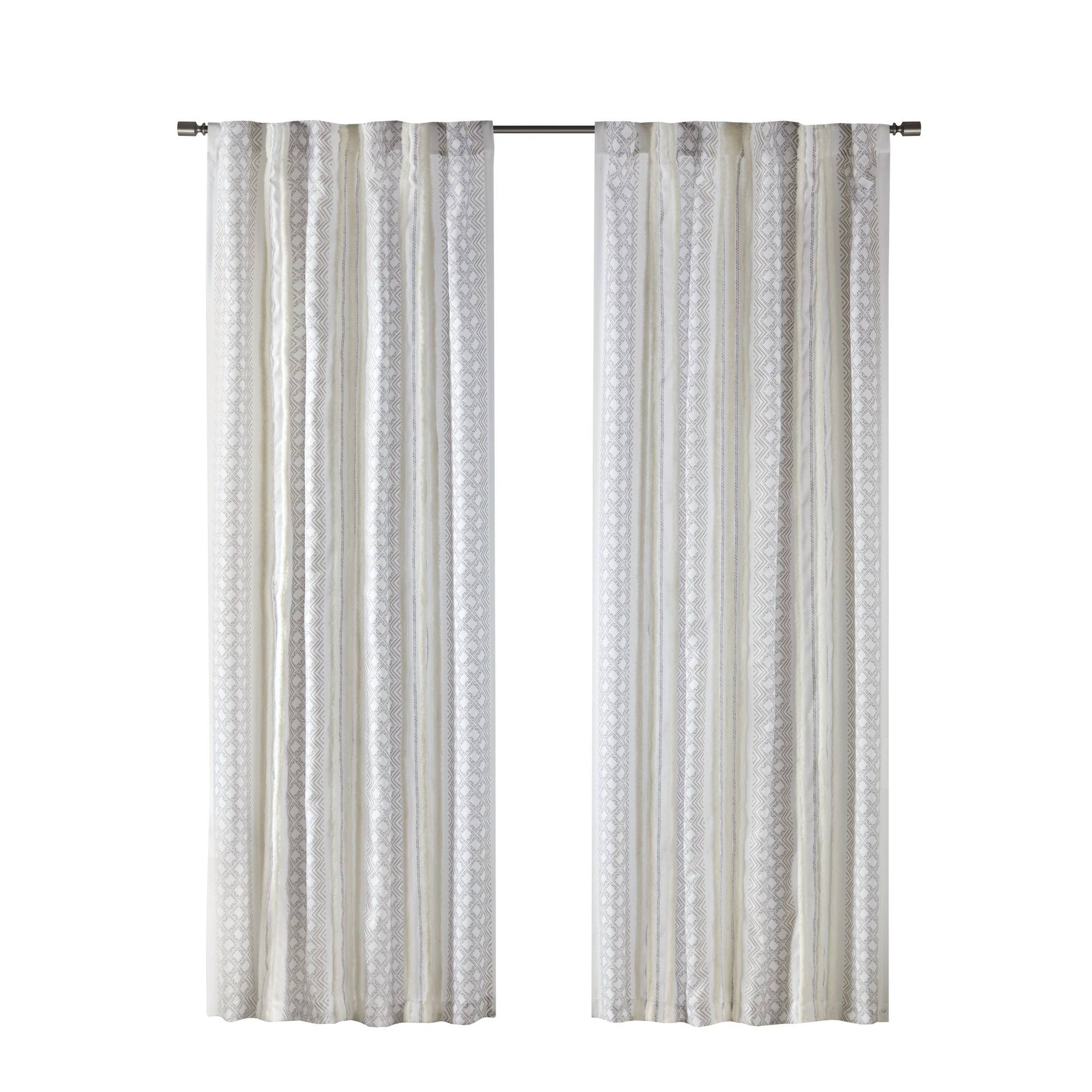 2pk Poly Printed Curtain Panel with Tufted Stripe White/Taupe 2-PK 50x84"