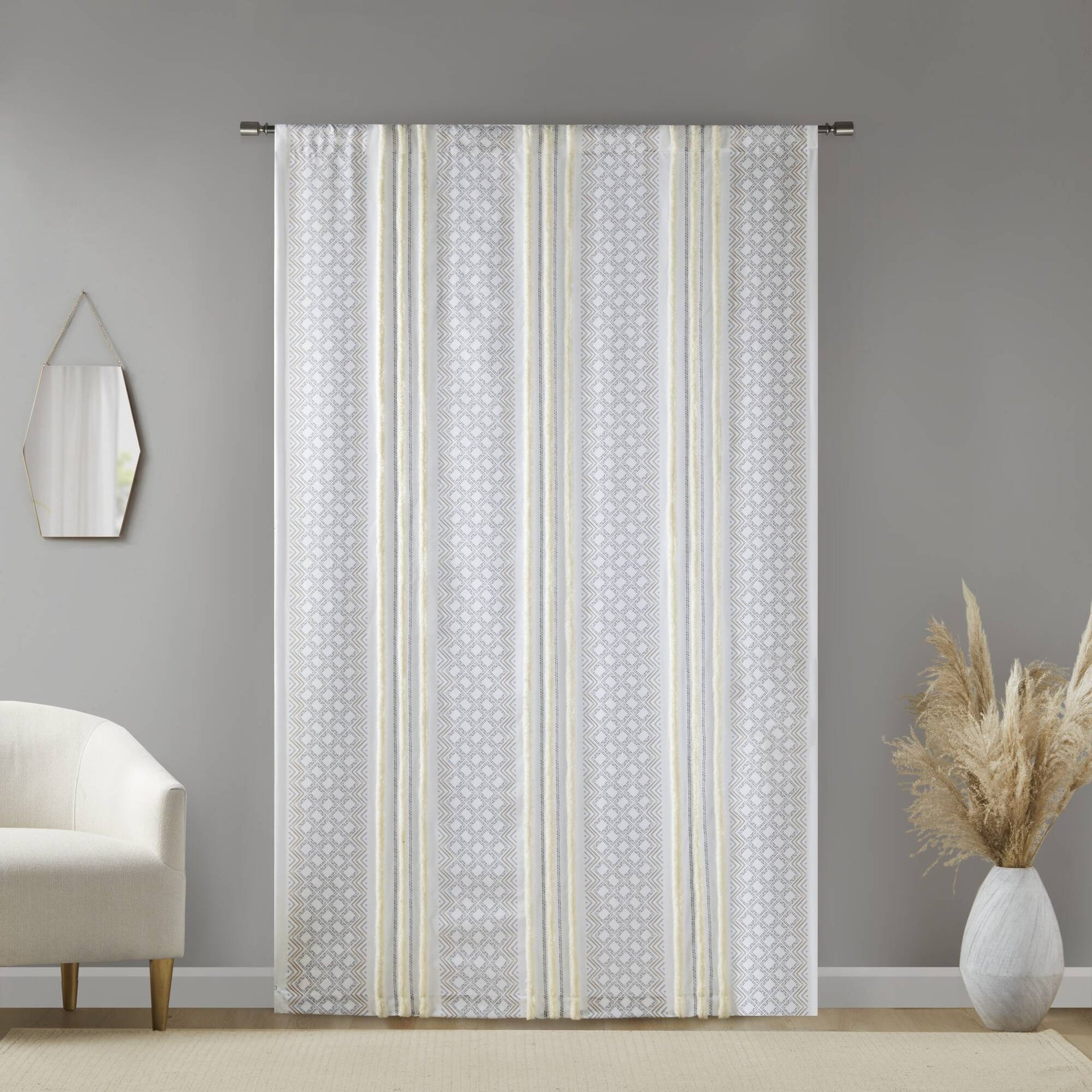 2pk Poly Printed Curtain Panel with Tufted Stripe White/Taupe 2-PK 50x84"
