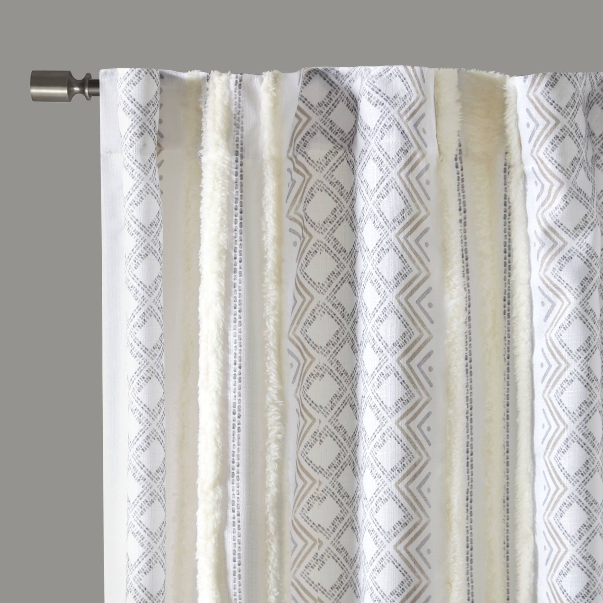 2pk Poly Printed Curtain Panel with Tufted Stripe White/Taupe 2-PK 50x84"