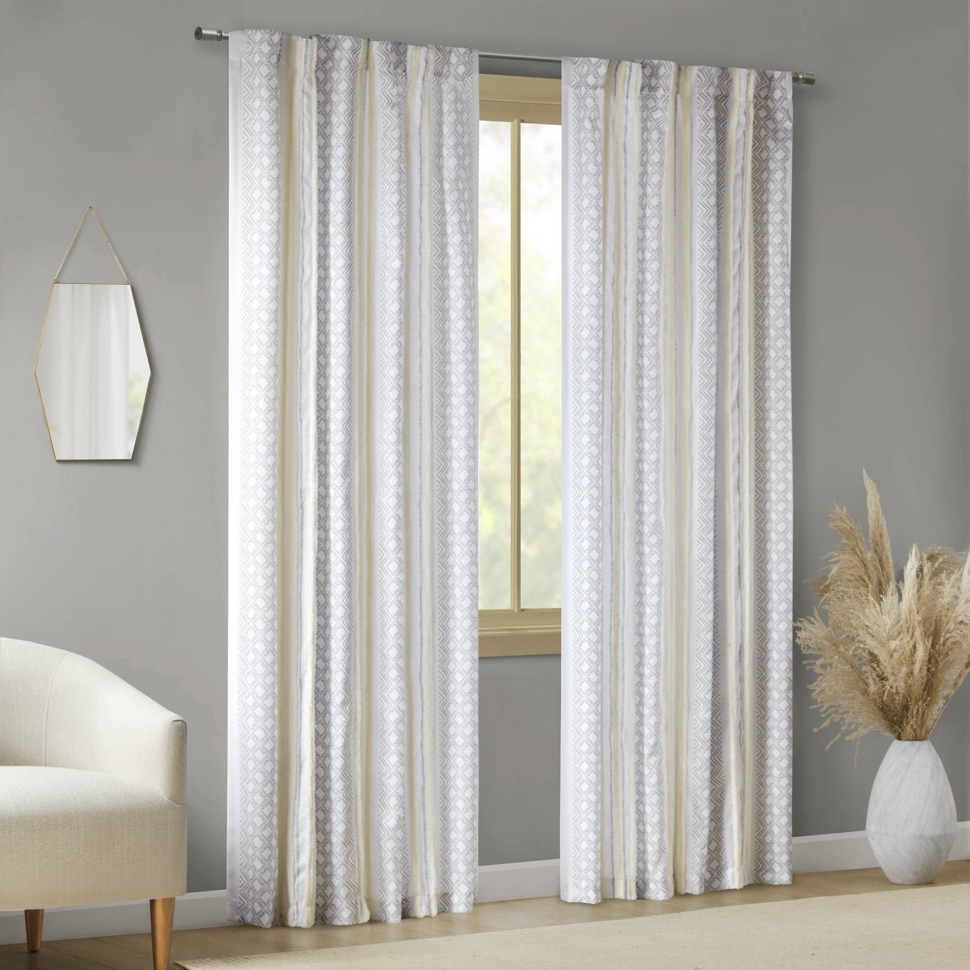 2pk Poly Printed Curtain Panel with Tufted Stripe White/Taupe 2-PK 50x84"