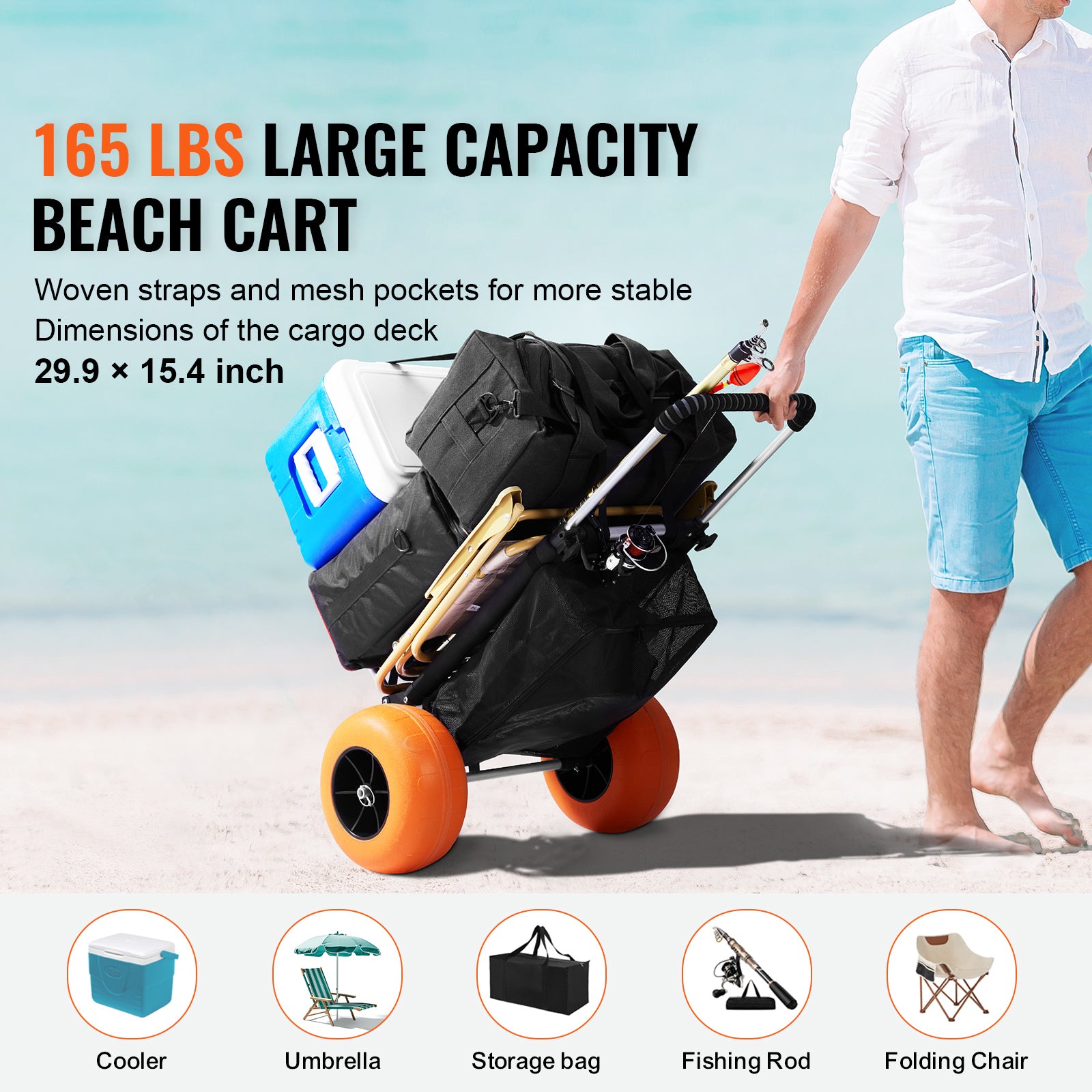Beach Dolly with Big Wheels for Sand, 29.9" x 15.4" Cargo Deck, w/ 12" Foam Wheels, 165LBS Loading Capacity Folding Sand Cart & 27" to 44.7" Adjustable Height, Heavy Duty Cart for Beach