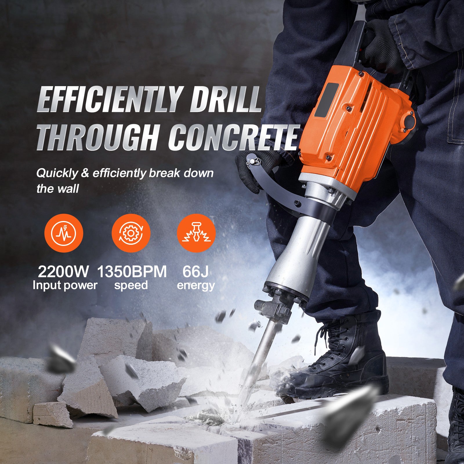 Demolition Jack Hammer Concrete Breaker 2200W Electric Hammer 2 Chisel Bits