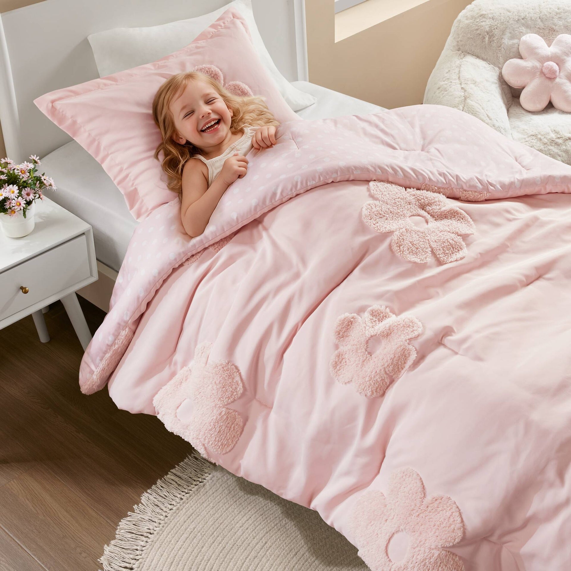 3-Piece Twin Floral Reversible Tufted Chenille Comforter Set with Flower Throw Pillow,Pink
