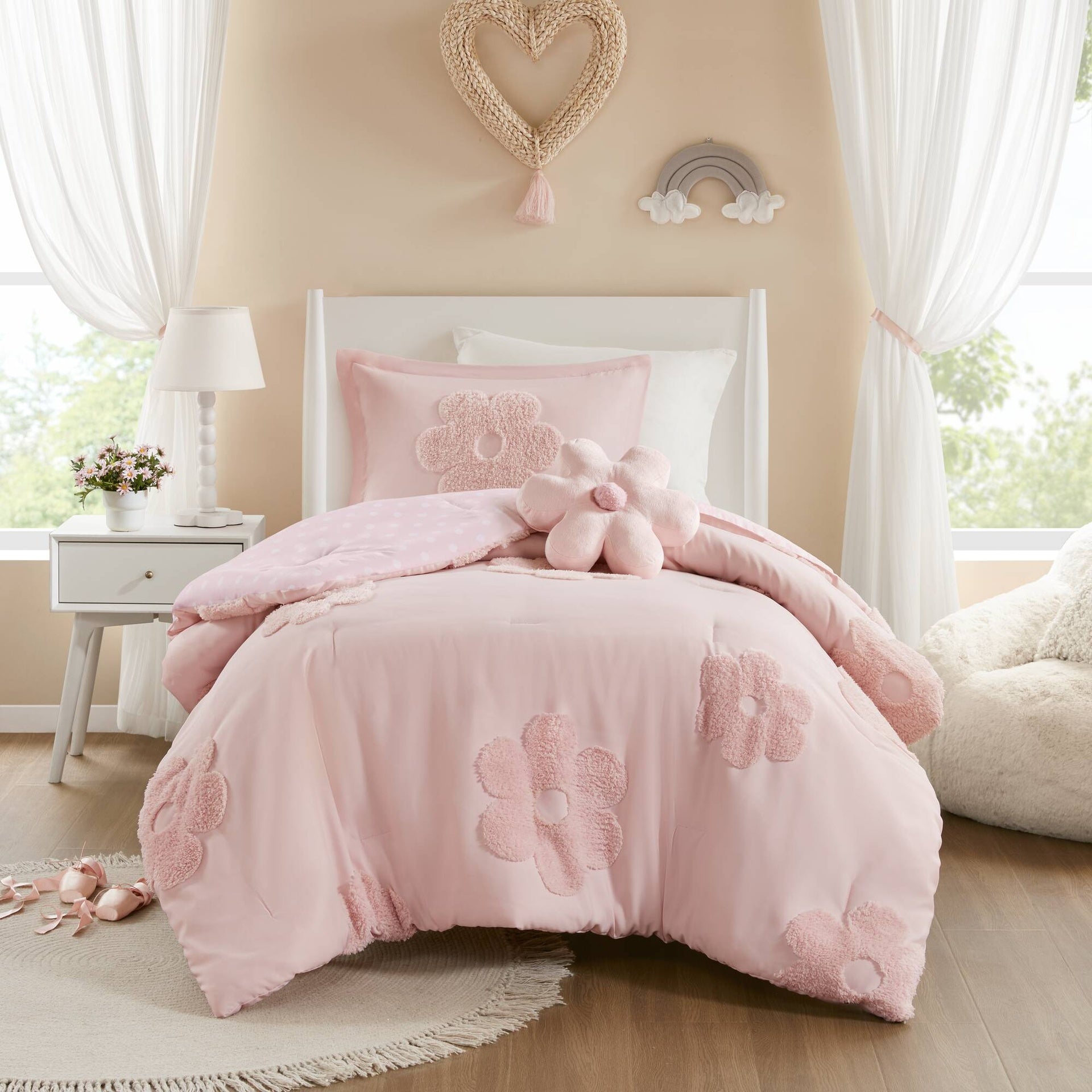 3-Piece Twin Floral Reversible Tufted Chenille Comforter Set with Flower Throw Pillow,Pink