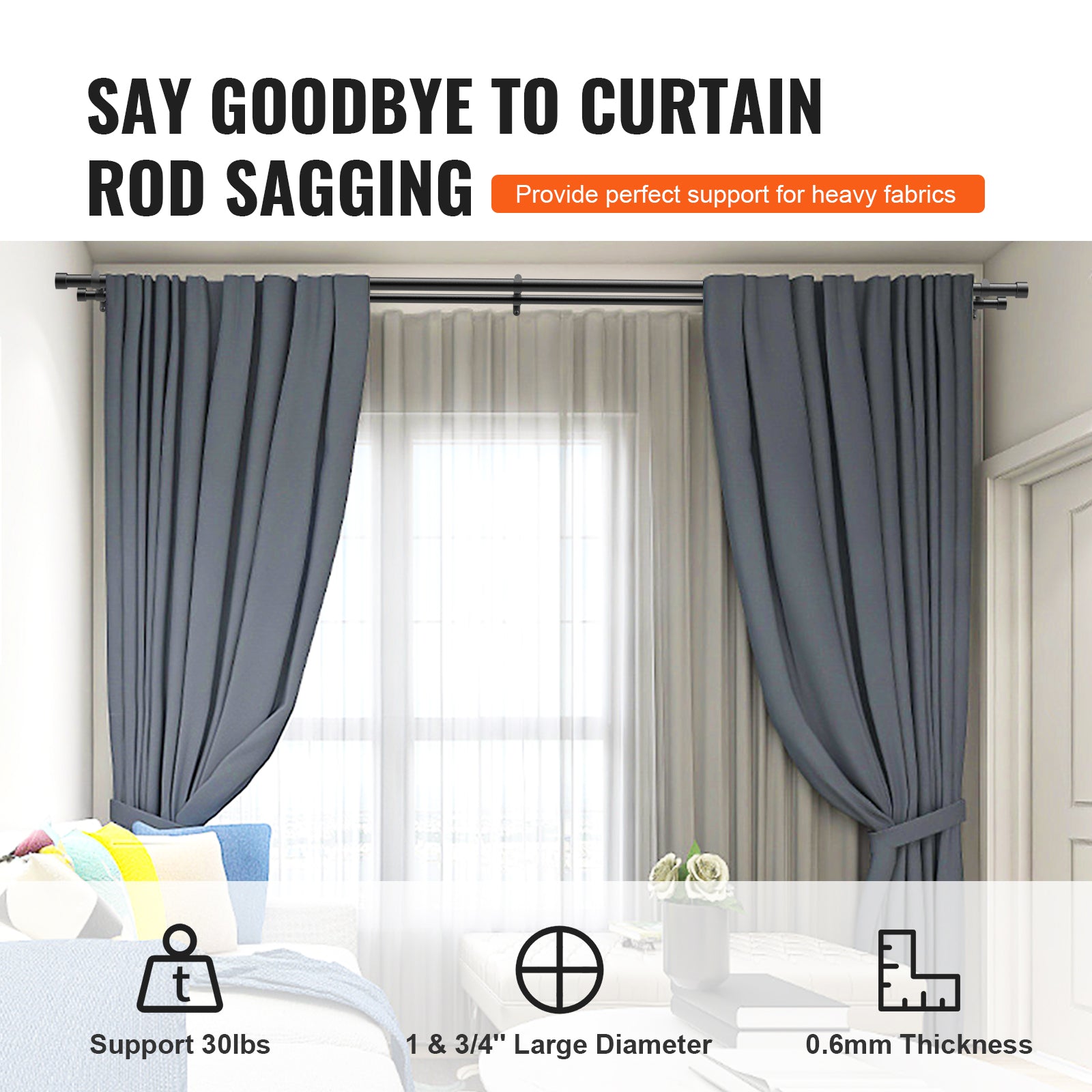 1 Inch Double Curtain Rods 74 to 144 Inches(6-12ft), Drapery Rods for Windows 69 to 140 Inches, Telescoping Dual Curtain Rod with Round Finials, Black