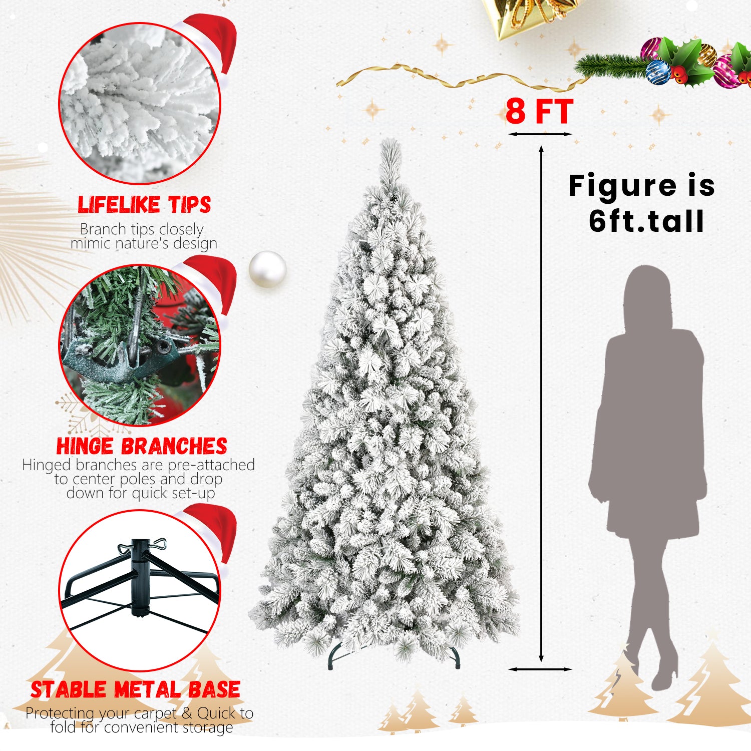 7FT Flocked Christmas Tree with 450 Warm White LED Lights – 1060 Tips, Snowy PVC & Hard Needle Branches, Hinged Design for Easy Setup, Sturdy Metal Stand – Full & Realistic Holiday Tree