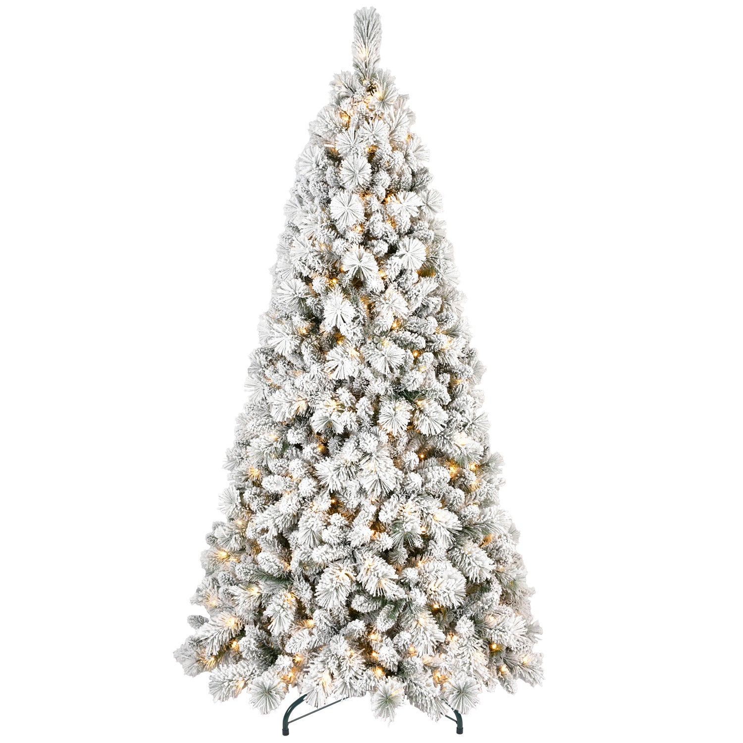 7FT Flocked Christmas Tree with 450 Warm White LED Lights – 1060 Tips, Snowy PVC & Hard Needle Branches, Hinged Design for Easy Setup, Sturdy Metal Stand – Full & Realistic Holiday Tree