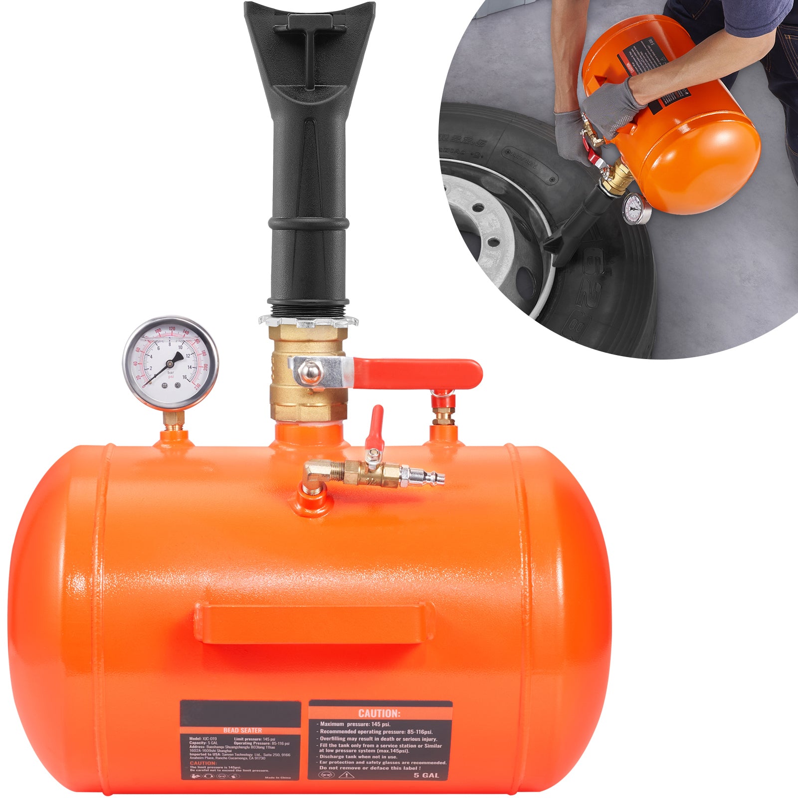 Tire Bead Blaster, 5 Gallon/19L Capacity, Includes Pressure Gauge & Handle, 145 PSI Max Inflation Tank, Operates Between 85-116 PSI for Cars, Trucks, and ATVs