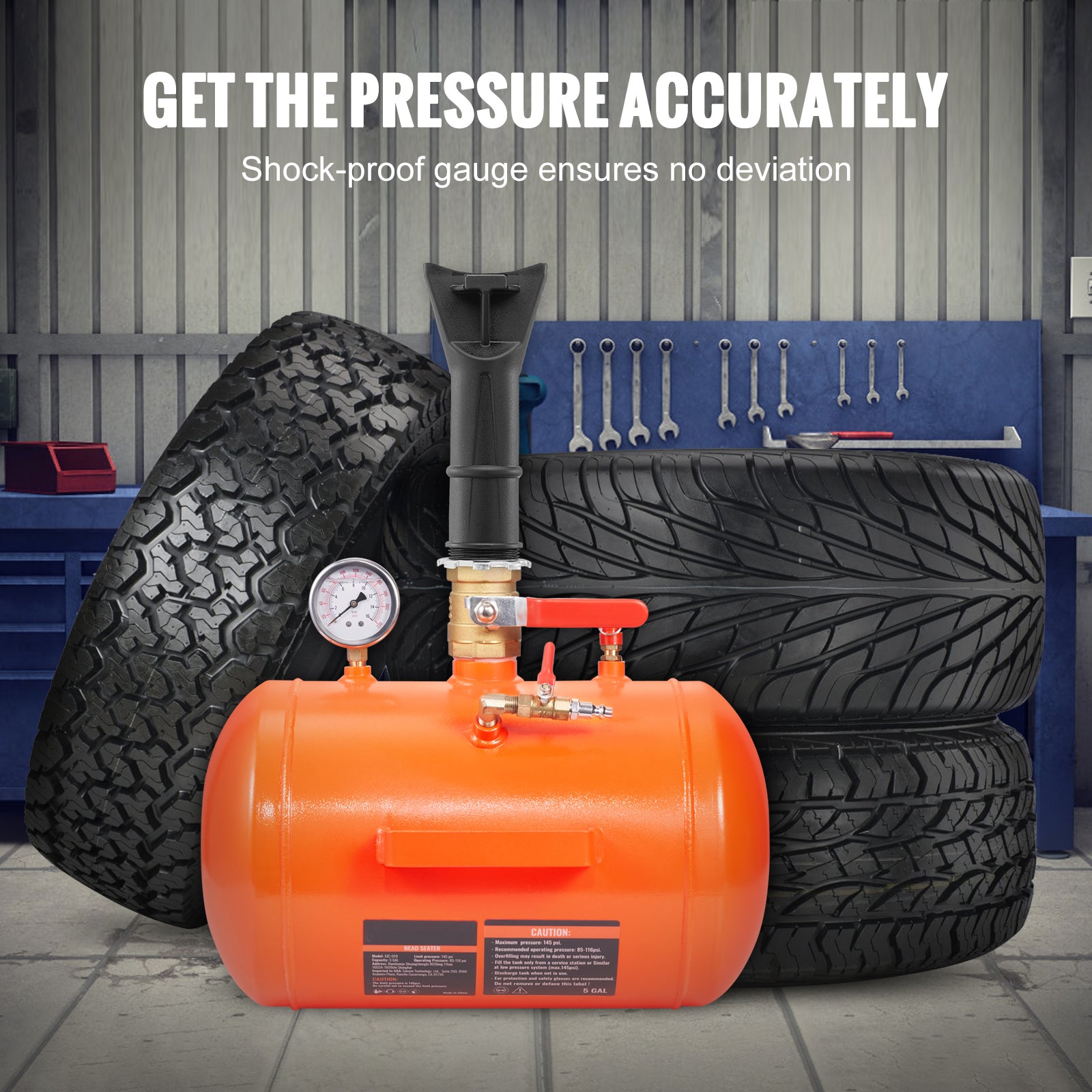 Tire Bead Blaster, 5 Gallon/19L Capacity, Includes Pressure Gauge & Handle, 145 PSI Max Inflation Tank, Operates Between 85-116 PSI for Cars, Trucks, and ATVs