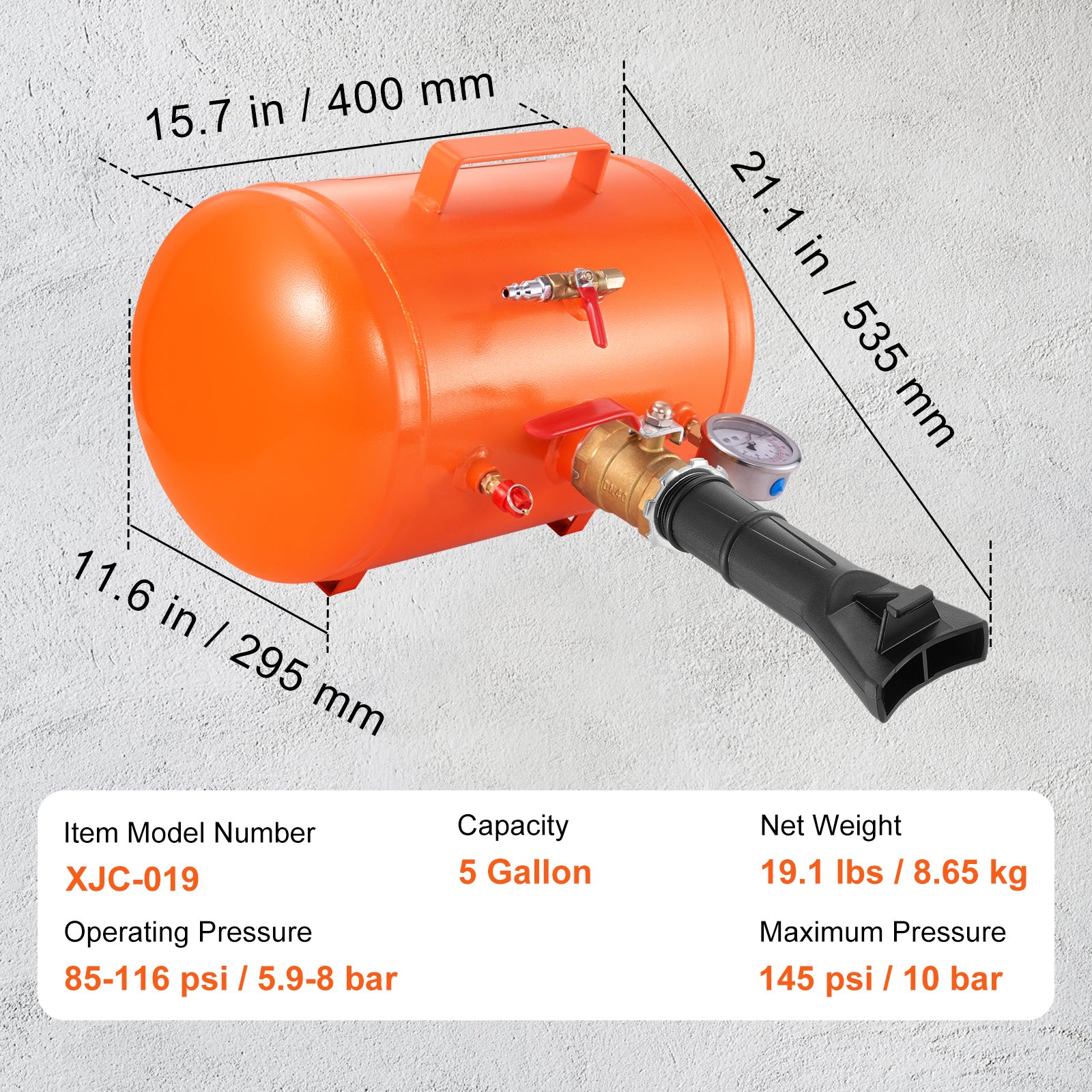 Tire Bead Blaster, 5 Gallon/19L Capacity, Includes Pressure Gauge & Handle, 145 PSI Max Inflation Tank, Operates Between 85-116 PSI for Cars, Trucks, and ATVs